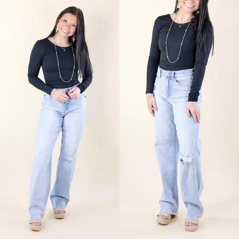 Judy Blue | Retro Edge 90's Ripped Knee and Back Straight Leg Jeans in Light Wash