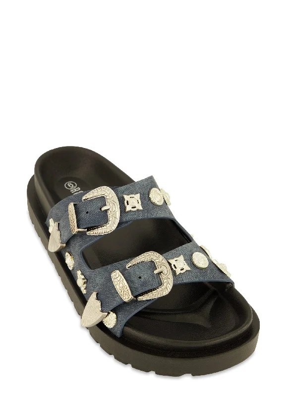 Double Buckle Band Embellished Slide Sandals